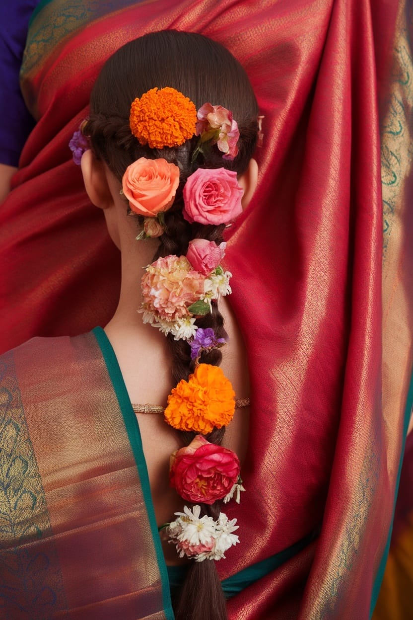 A braid decorated with various colorful flowers, complementing a traditional saree.