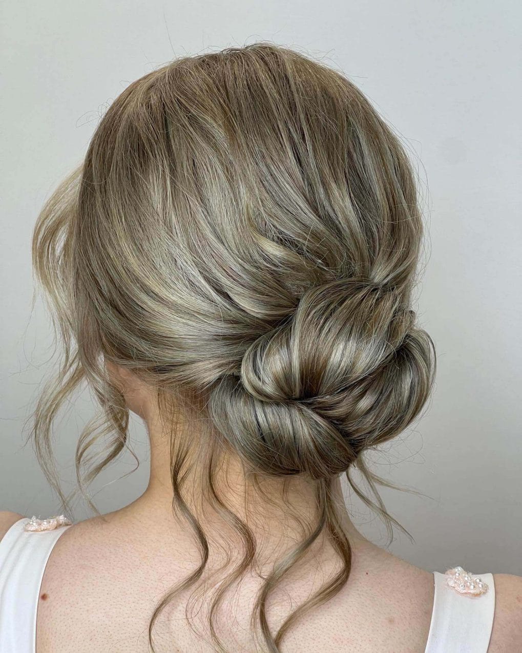 Chic summer wedding braided crown updo with ash tones