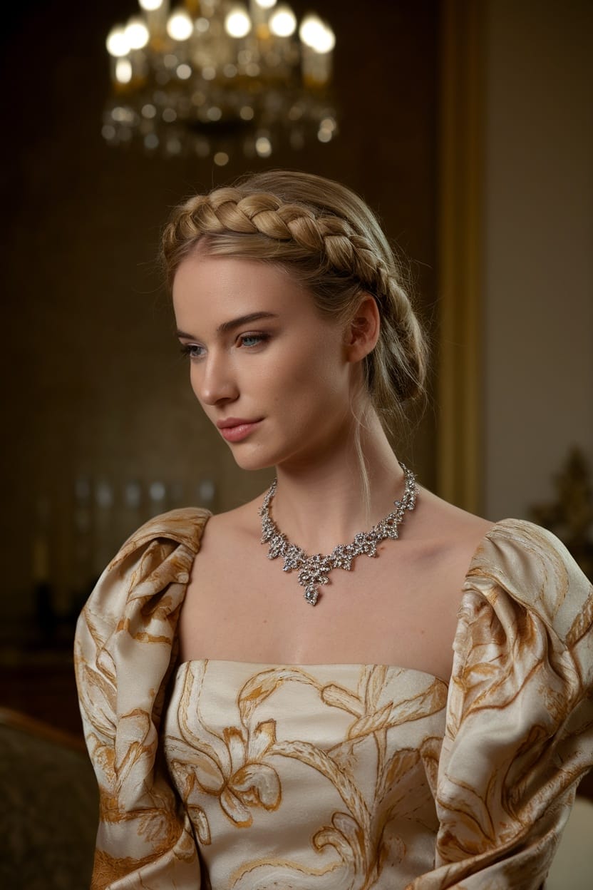A woman with a braided crown hairstyle, wearing a stylish outfit and necklace, exuding elegance.