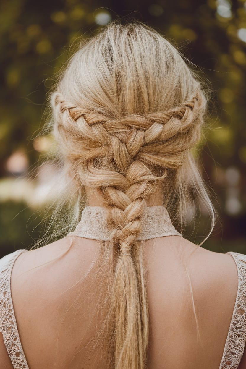 A woman with a braided crown hairstyle, styled for a high neck dress, showcasing blonde hair with intricate braids.