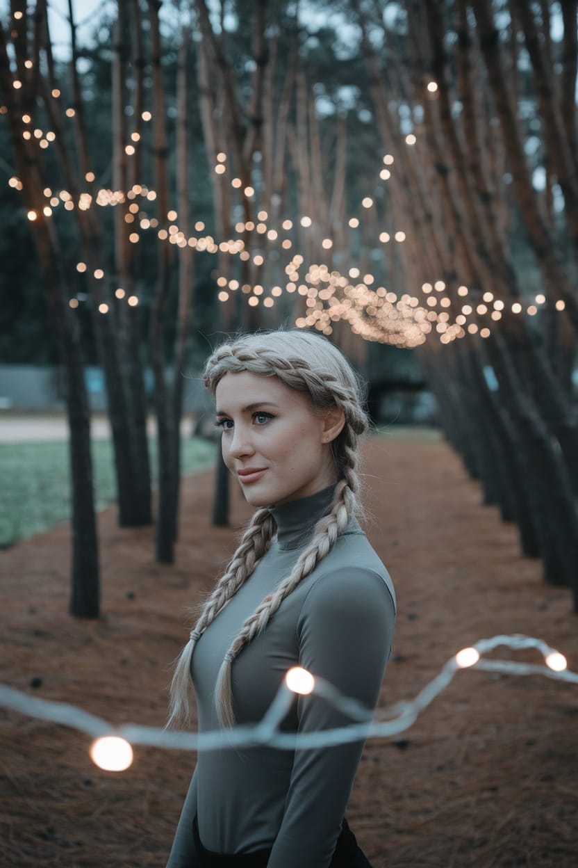 A woman with a braided crown hairstyle, wearing a turtle neck outfit, surrounded by softly lit trees.