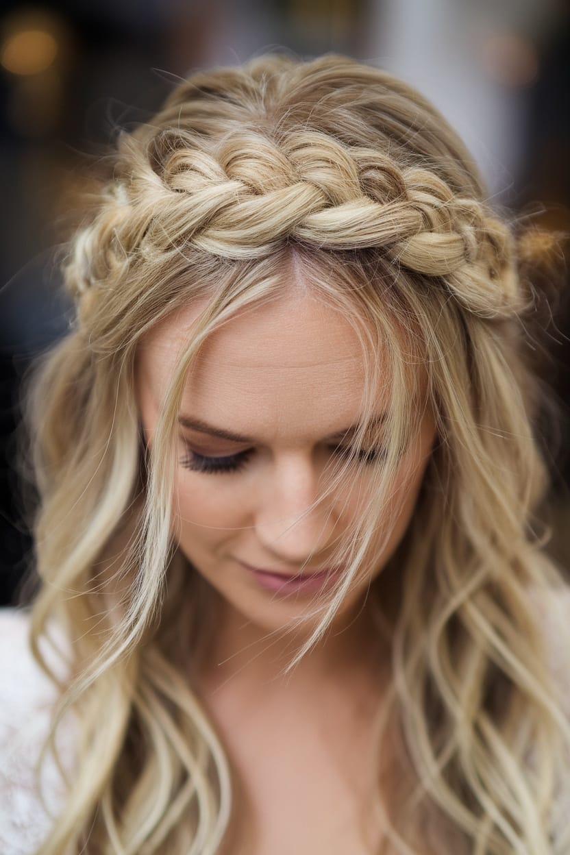 A close-up of a braided crown hairstyle with loose tendrils, ideal for the mother of the bride.