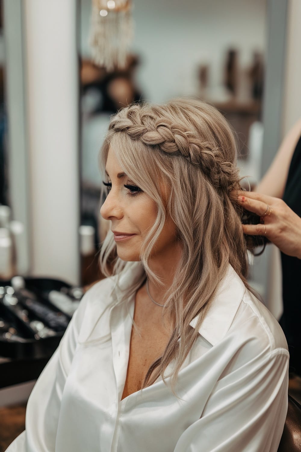 A woman with a braided crown hairstyle and loose tendrils, preparing for a wedding.