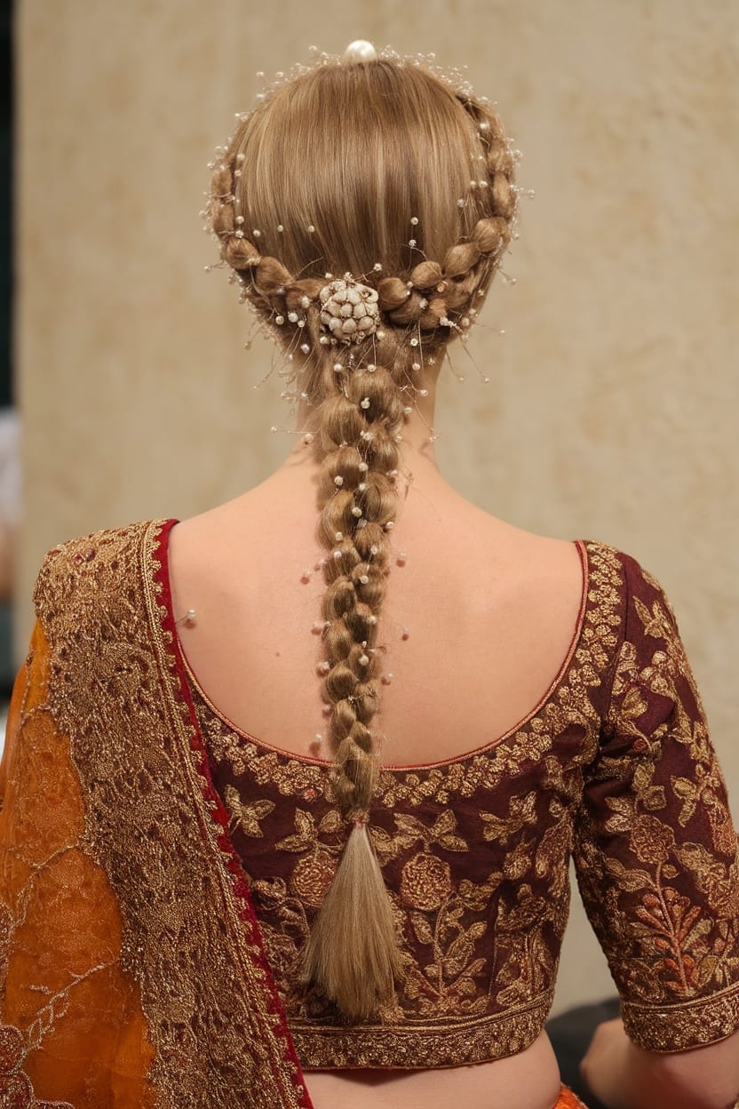 A woman with a braided crown hairstyle adorned with pearls, wearing a traditional lehenga