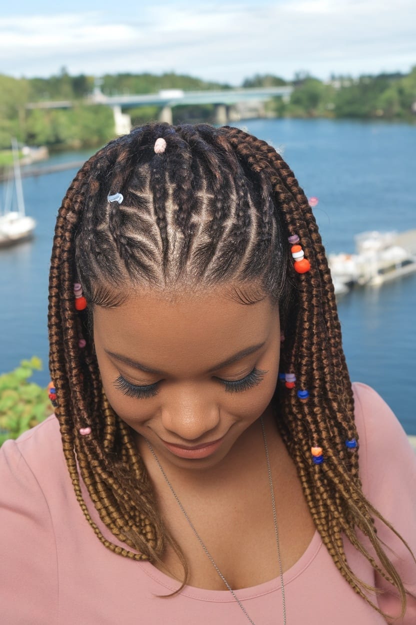 A woman with a braided half-up hairstyle, featuring colorful beads, looking down by a waterfront.