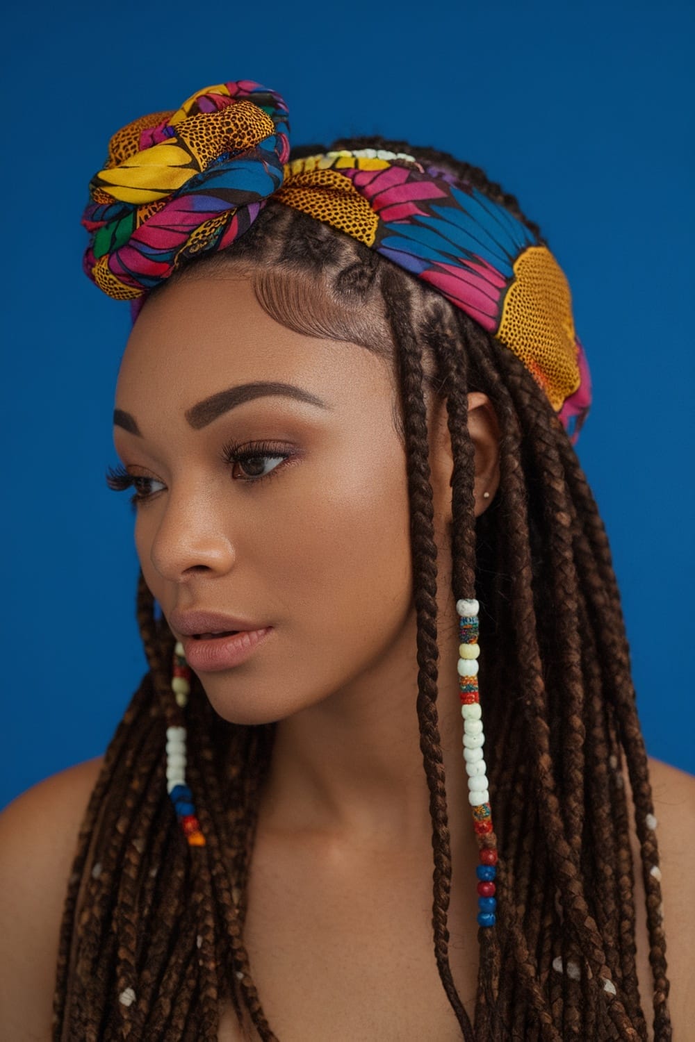Woman with braided half up half down hairstyle adorned with a colorful head wrap and beads.