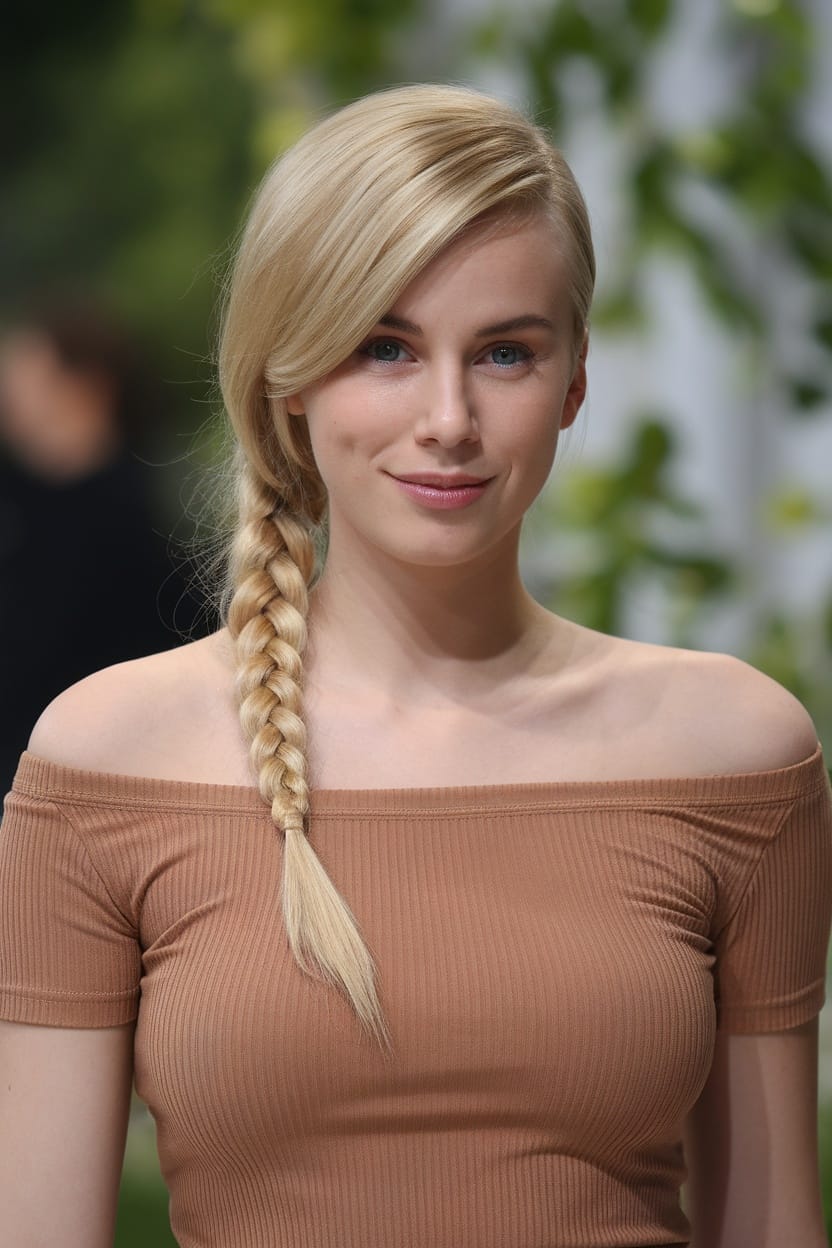 A model showcasing a braided side ponytail with an off-shoulder top.