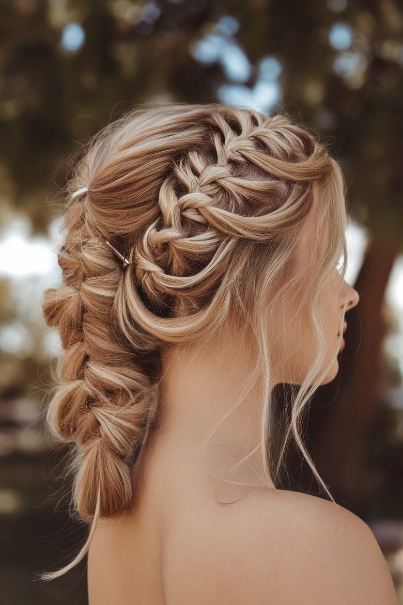 A beautiful braided updo hairstyle for women with a round face shape.