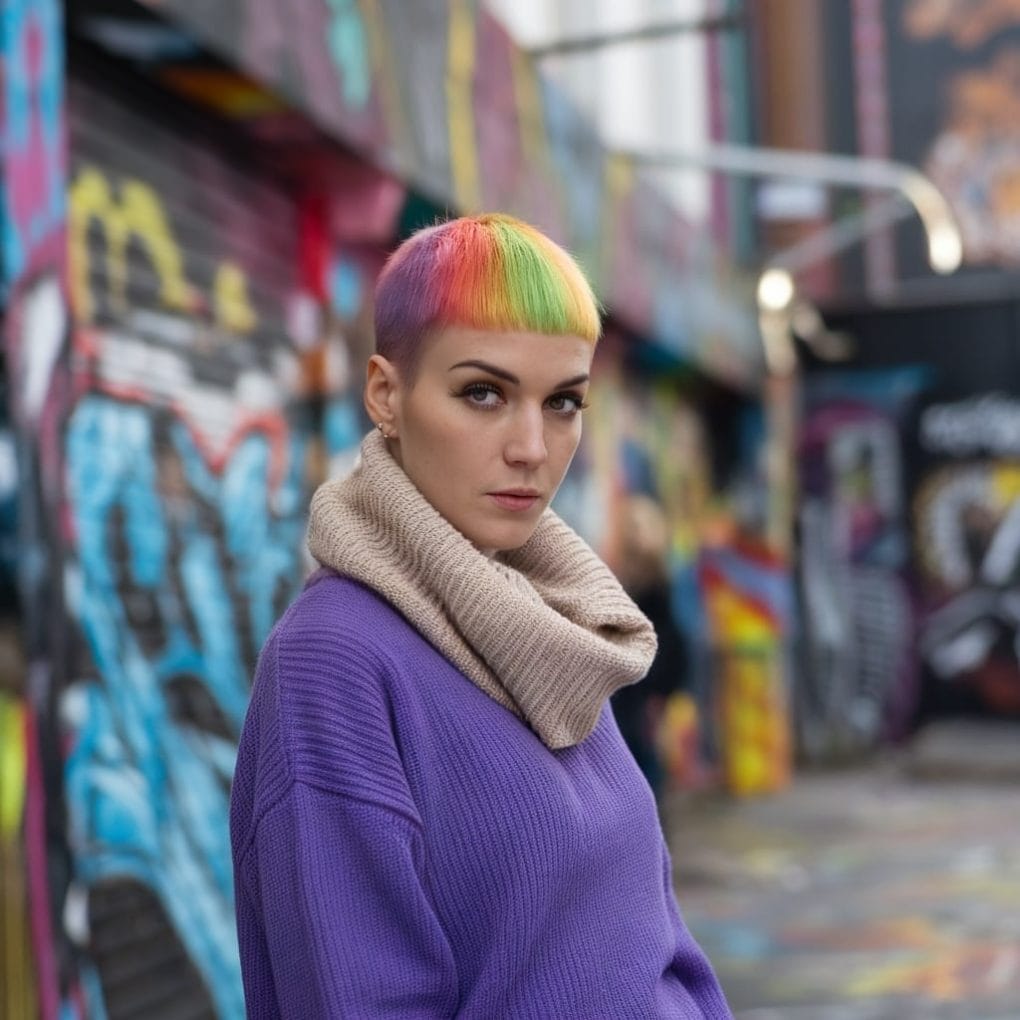 A model with a brightly colored boyish haircut featuring a rainbow gradient, wearing a purple sweater against a graffiti background.