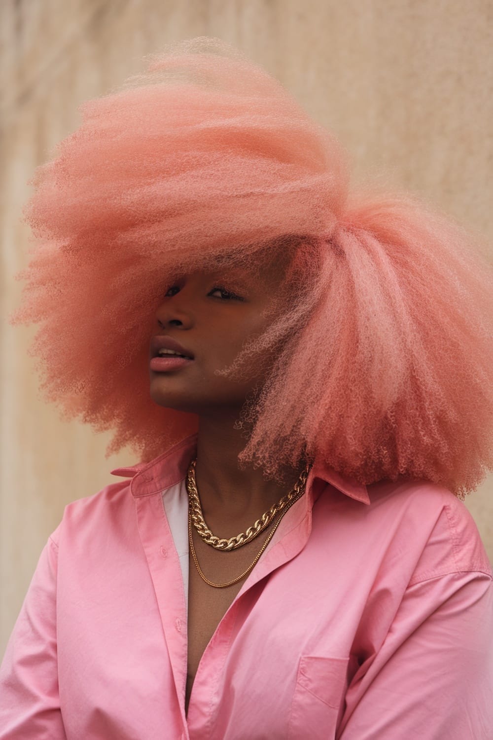 A woman with a bubblegum pink afro hairstyle, wearing a pink shirt and gold necklaces, posing confidently.