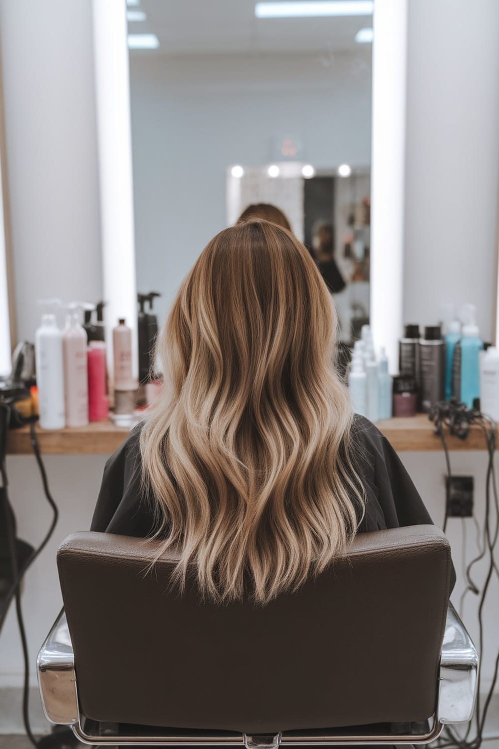 A woman with balayage straight hair sitting in a salon chair, looking at her reflection in the mirror.