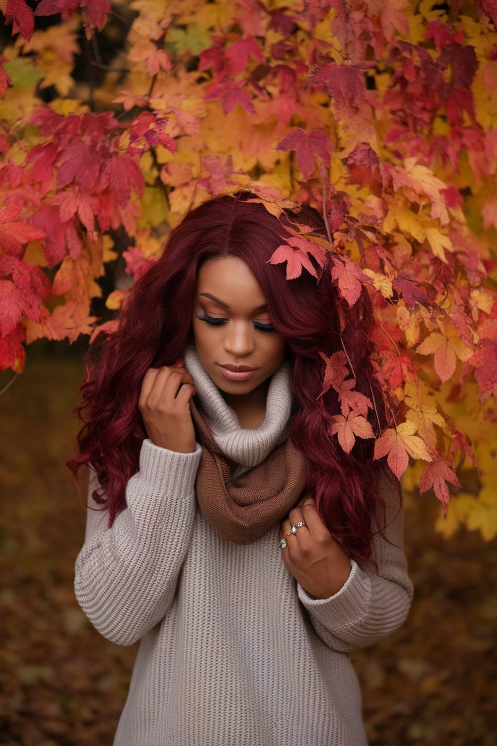 A woman with burgundy hair standing in front of colorful autumn leaves, wearing a cozy sweater and scarf.