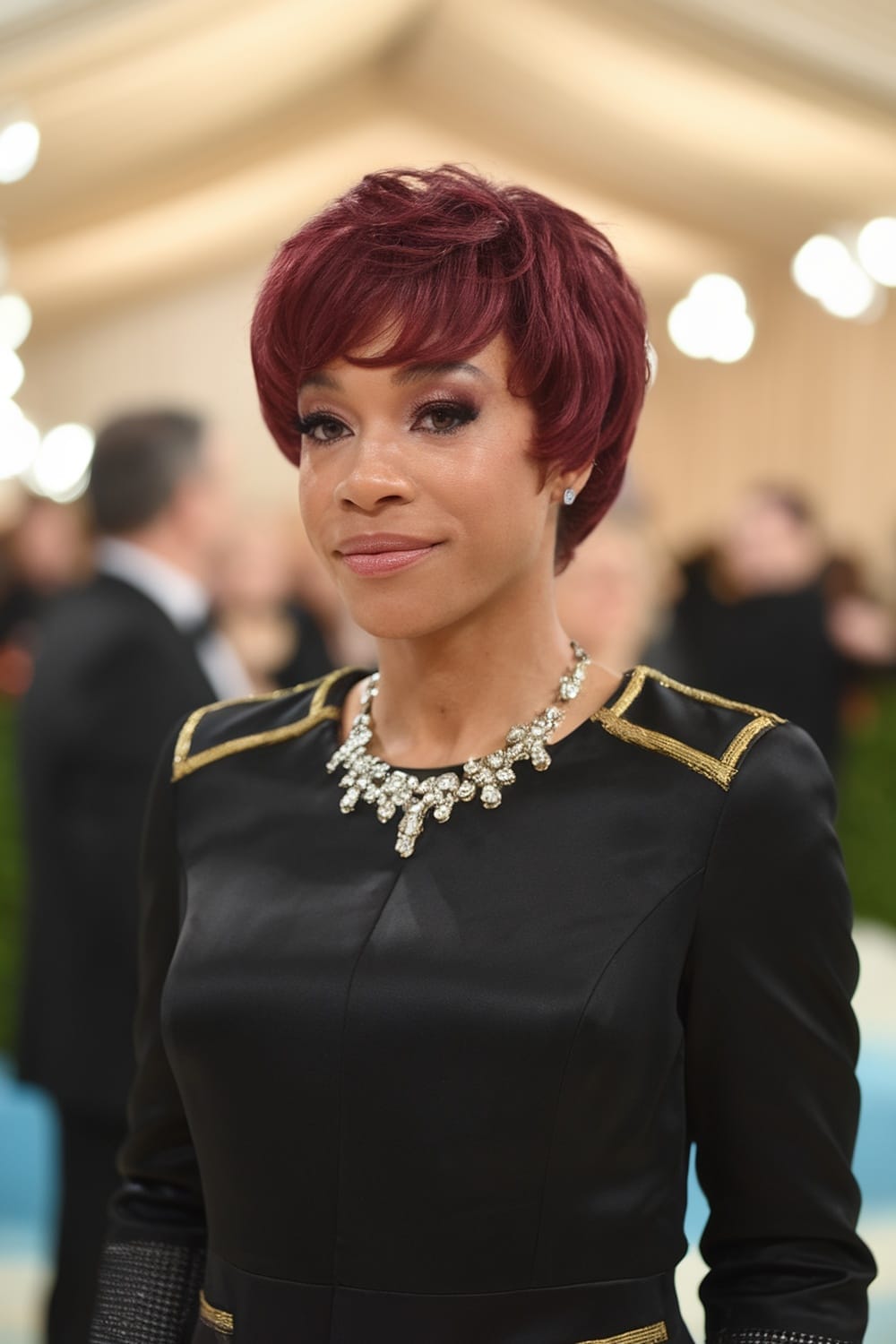 A woman with burgundy hair styled in a chic bob, wearing a black dress and a statement necklace.