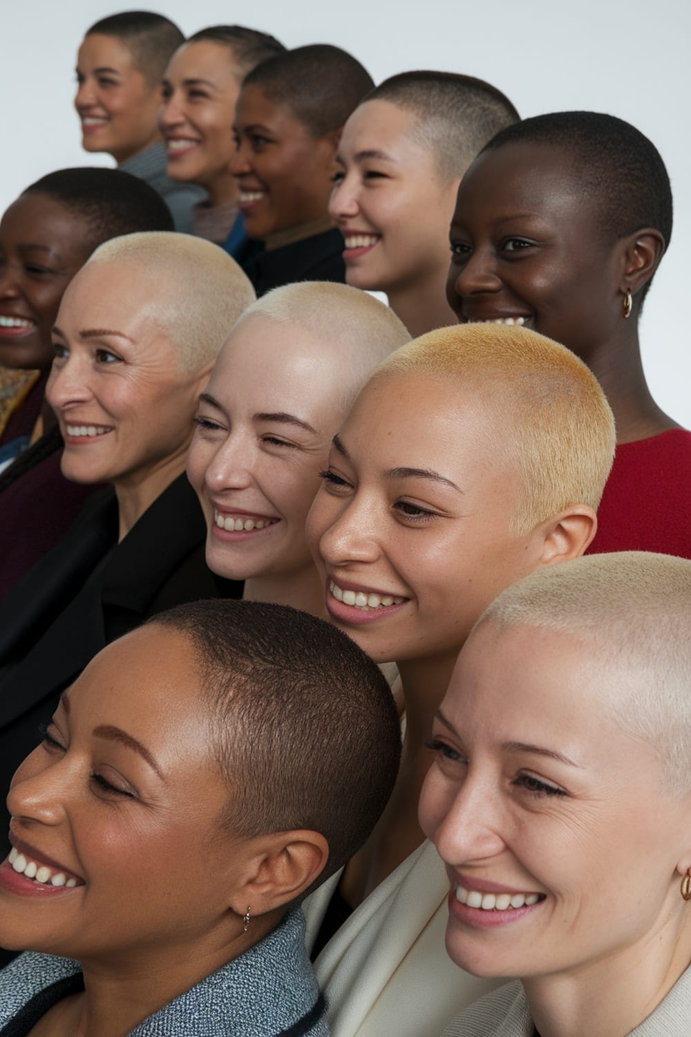 A group of women with buzzed hair, smiling and showing diversity in styles.