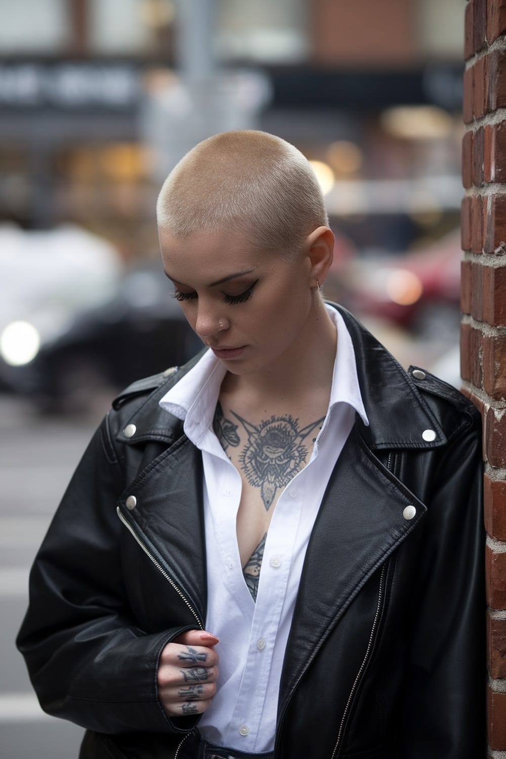 A woman with a buzz cut and tattoos, wearing a leather jacket and white shirt, looking thoughtfully downwards.