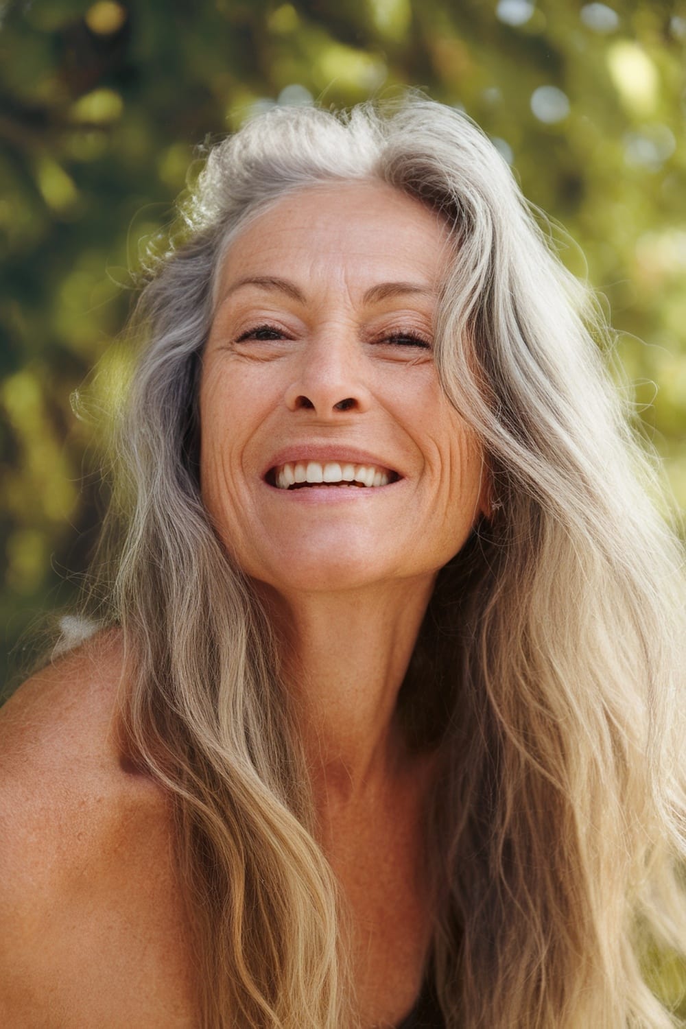 A woman with long, flowing hair smiling, showcasing a carefree look with sun-kissed highlights.