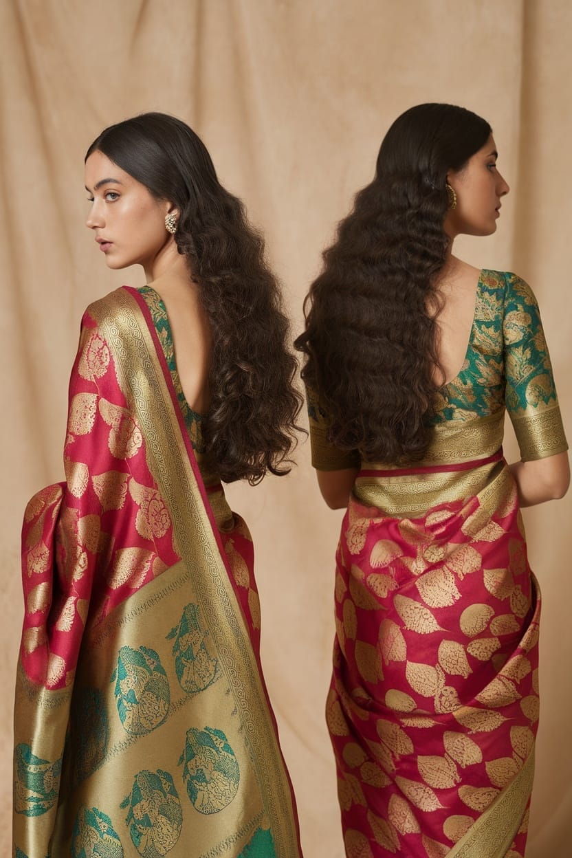 Two women in traditional silk sarees with cascading curls.
