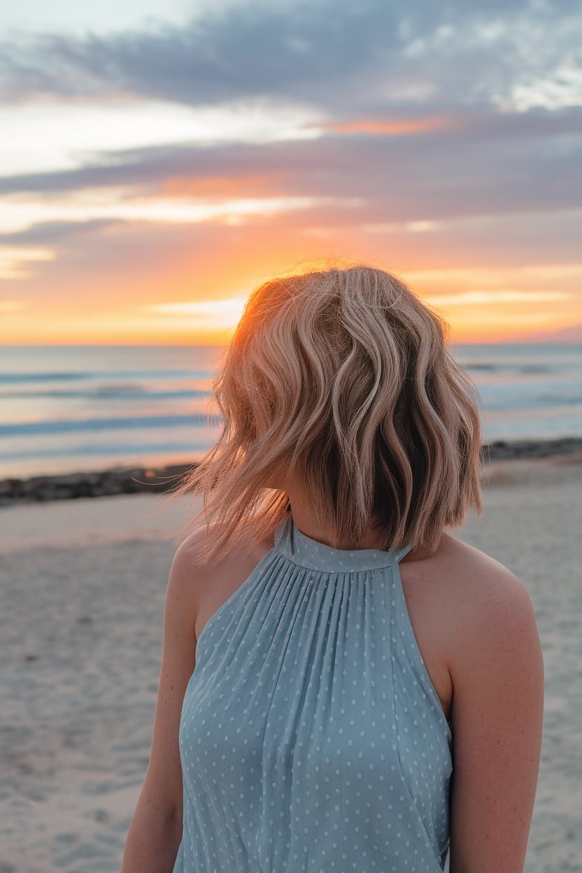 A woman with casual beachy waves, wearing a halter neck top, standing on the beach during sunset.