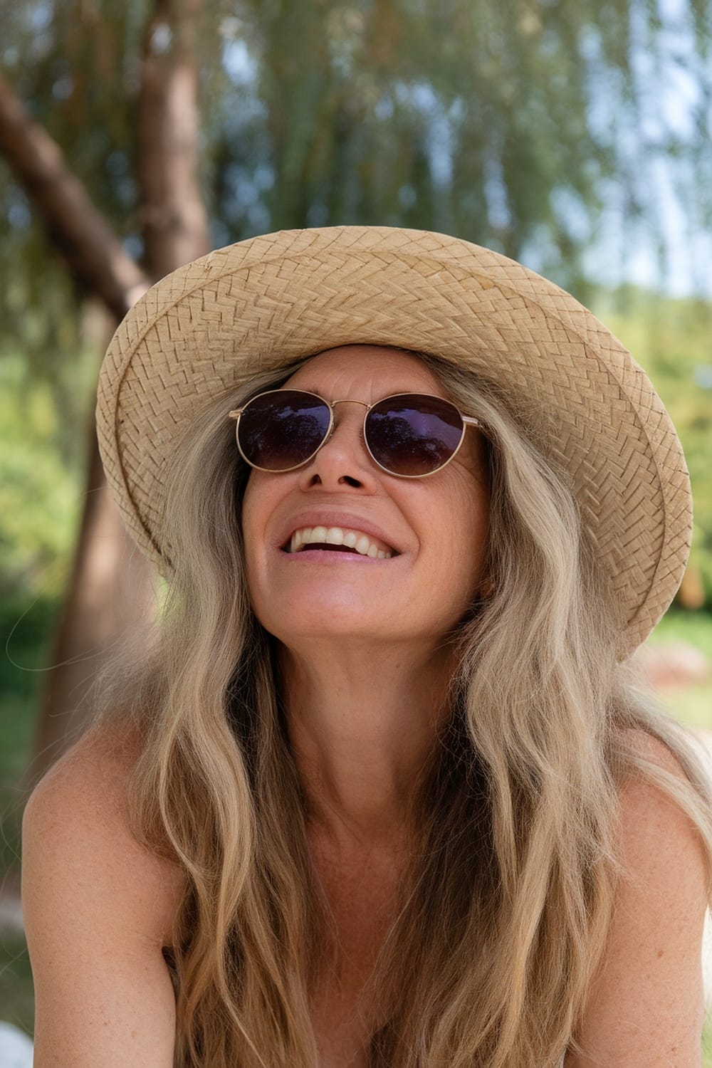 A woman with long, naturally textured hair, wearing a straw hat and sunglasses, smiling while outdoors.