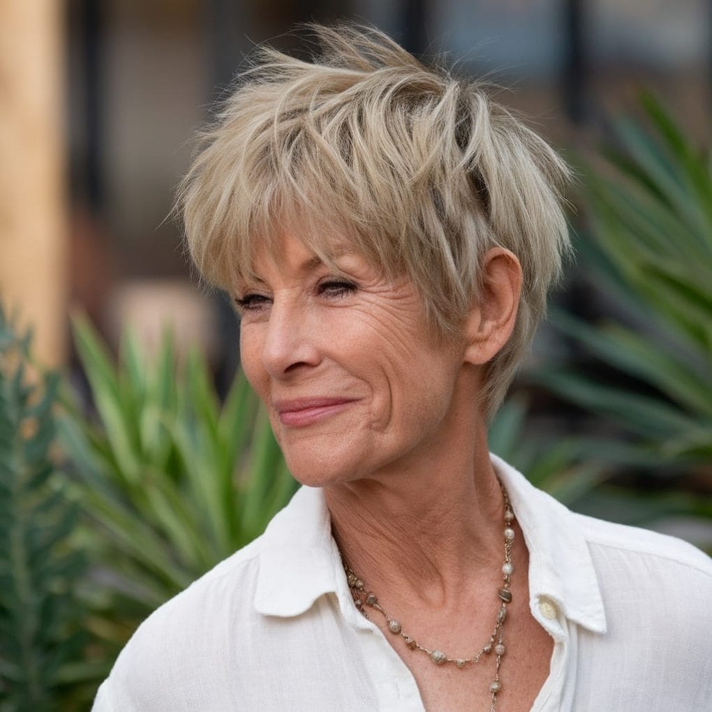 An older woman with a casual tousled pixie hairstyle, smiling softly with a necklace and a white shirt, surrounded by greenery.