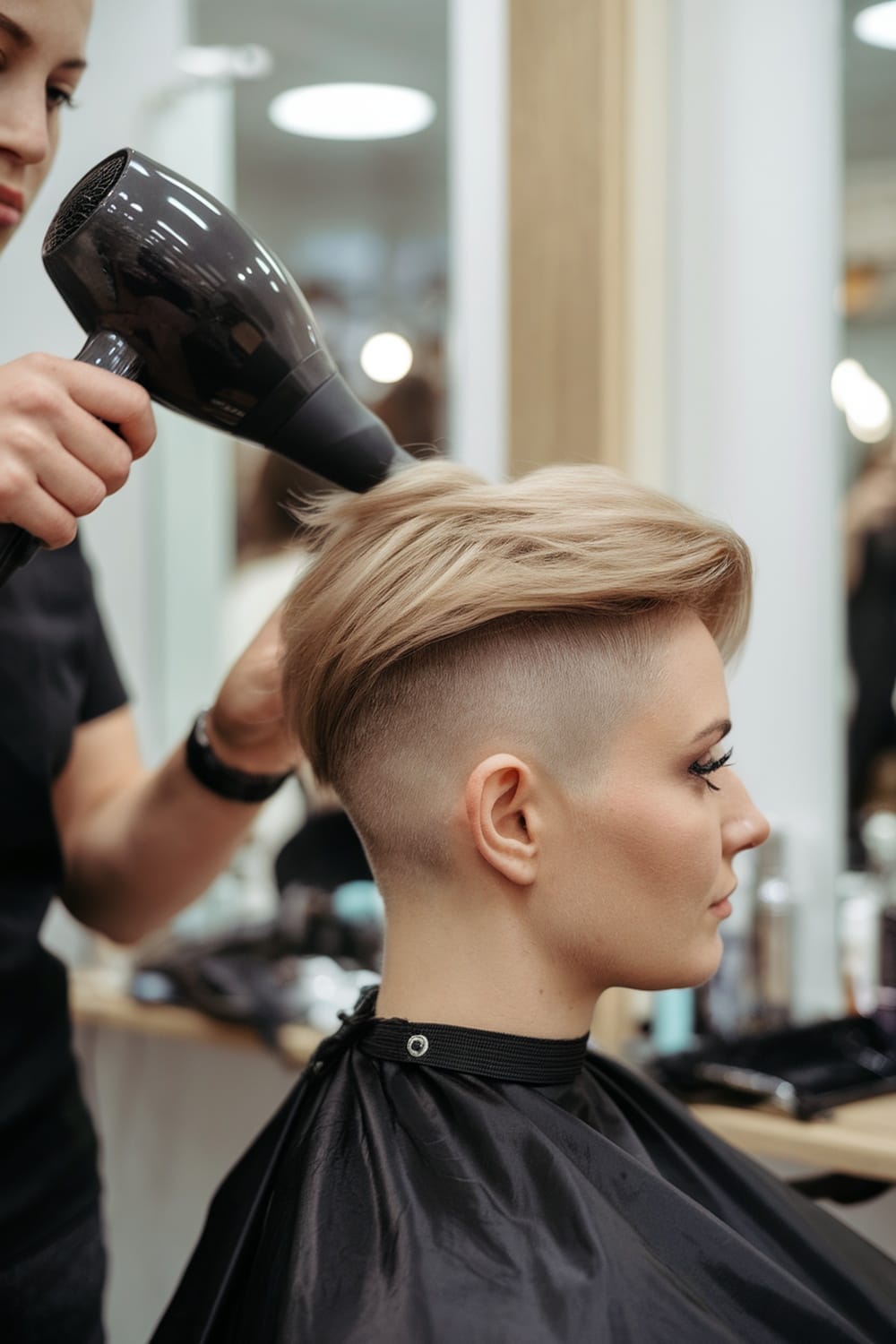 A stylist blow-drying a client's undercut pixie hairstyle in a salon.