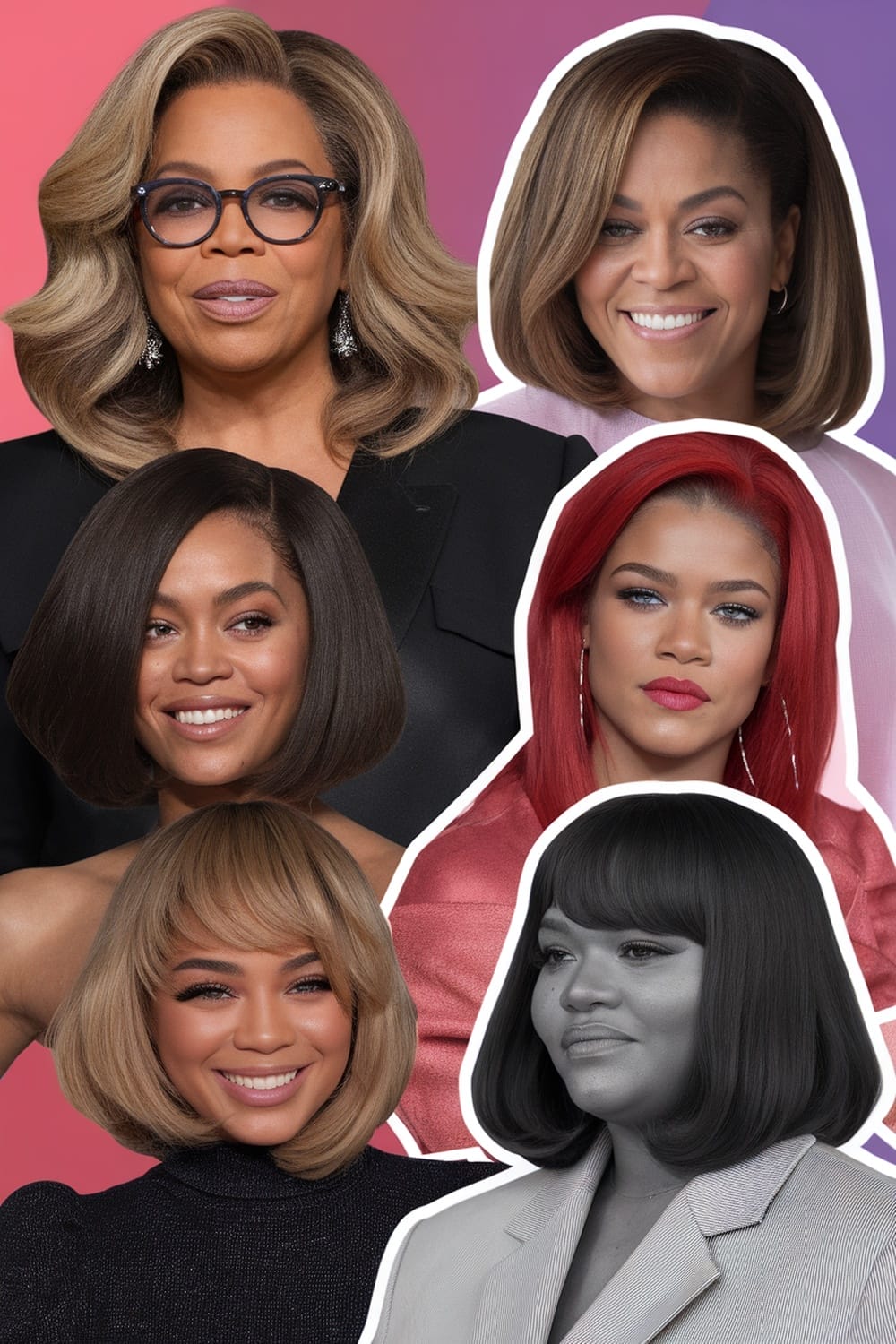 A collage of celebrity-inspired bob haircuts featuring various black women with different styles and colors.
