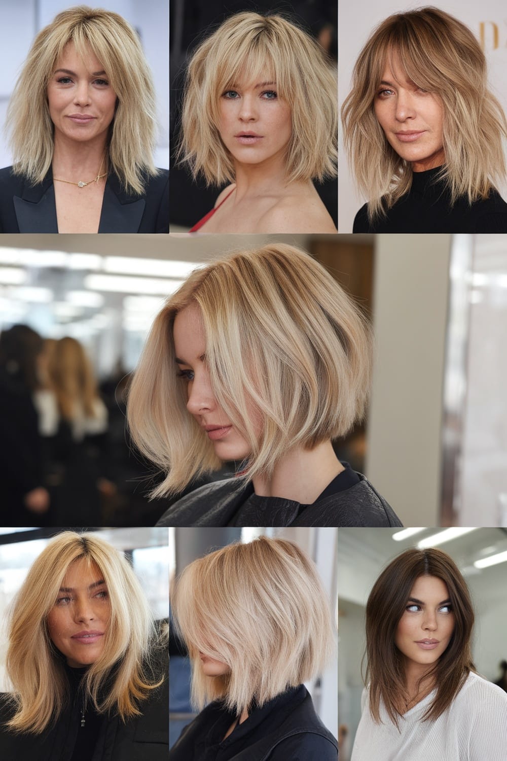A collage of celebrity hairstyles featuring layered bob haircuts in various styles and colors.