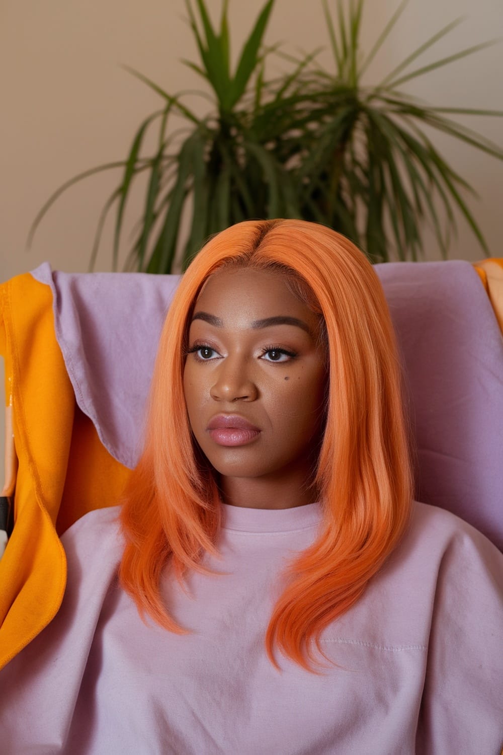 A woman with orange hair sitting comfortably, wearing a light purple top and surrounded by colorful fabrics.
