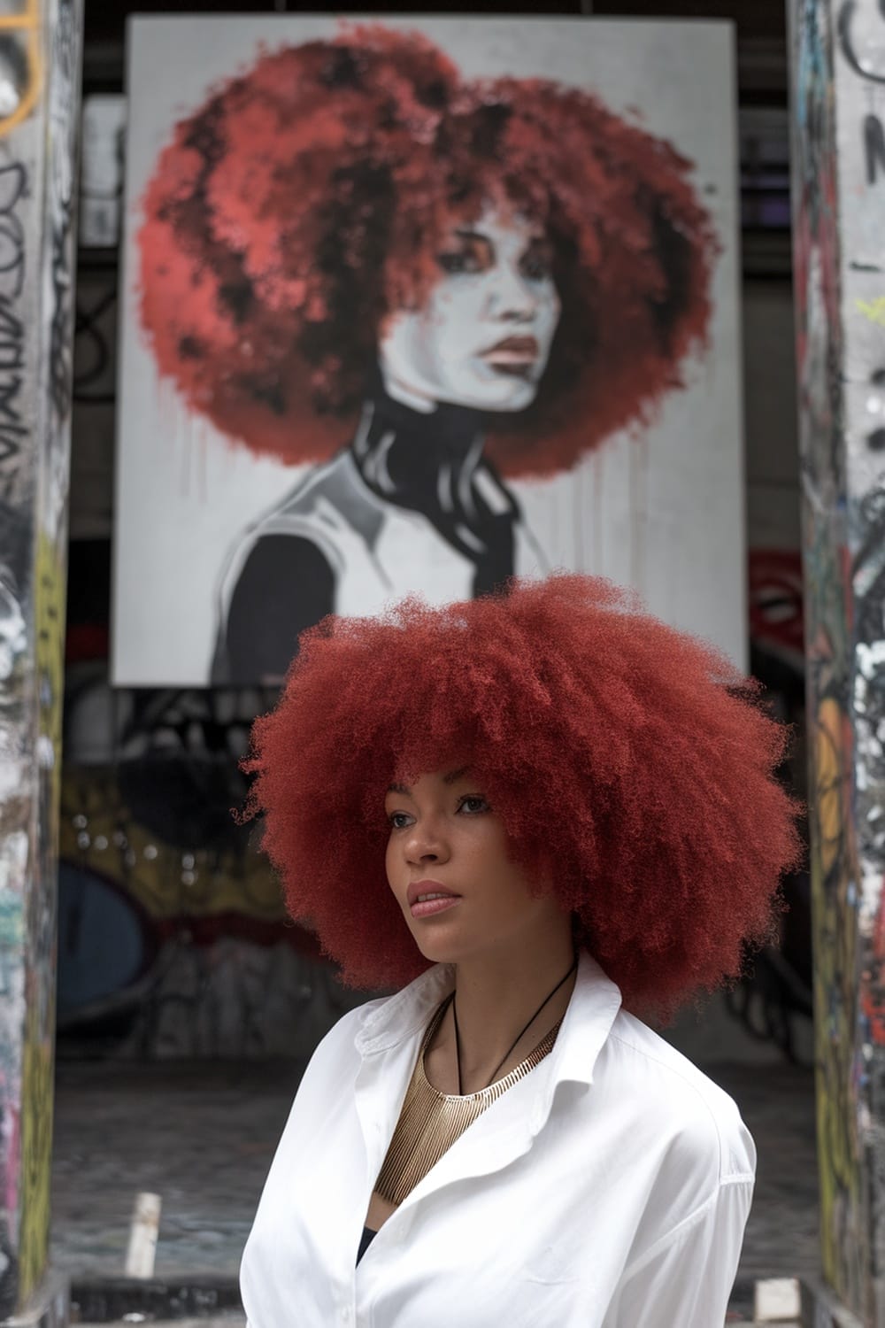 A woman with a cherry red afro standing in front of street art.