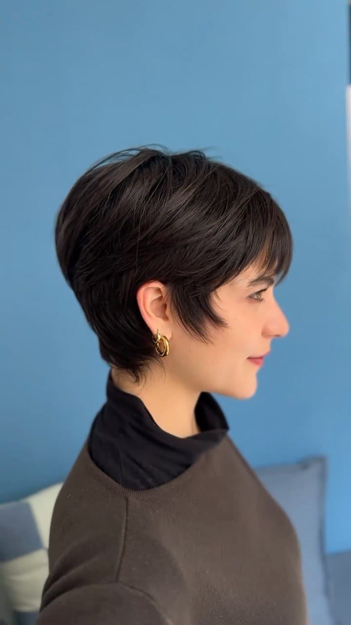 Chic dark-haired pixie bob with side part and soft fringe sweeping to the side
