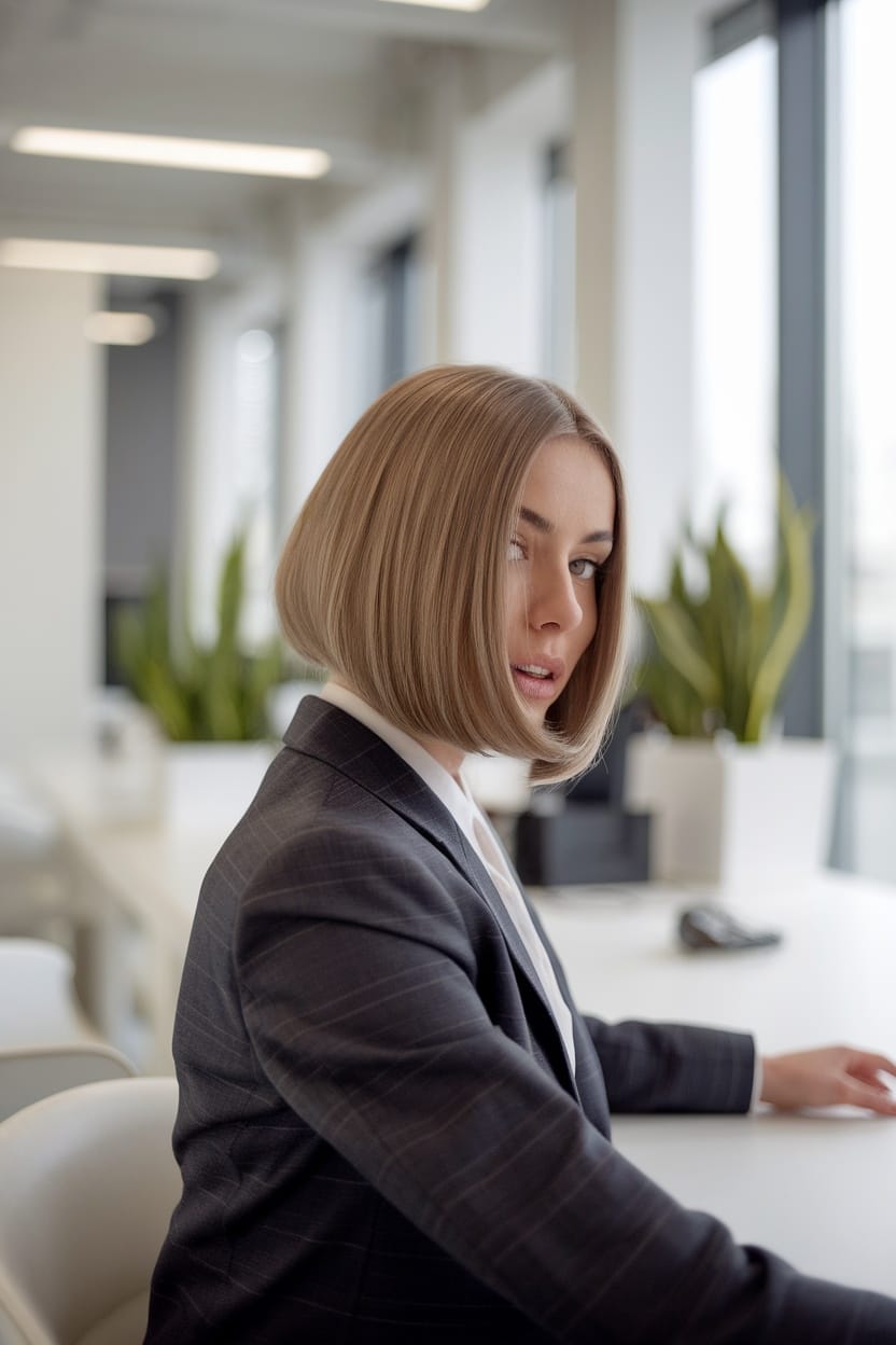 A woman with a chic bob cut, wearing a tailored suit, sitting in an office setting.