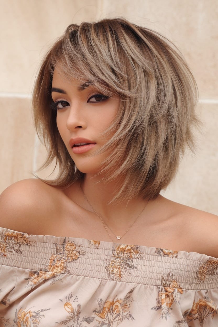 A woman with a chic bob hairstyle featuring textured layers, wearing an off-shoulder floral top.