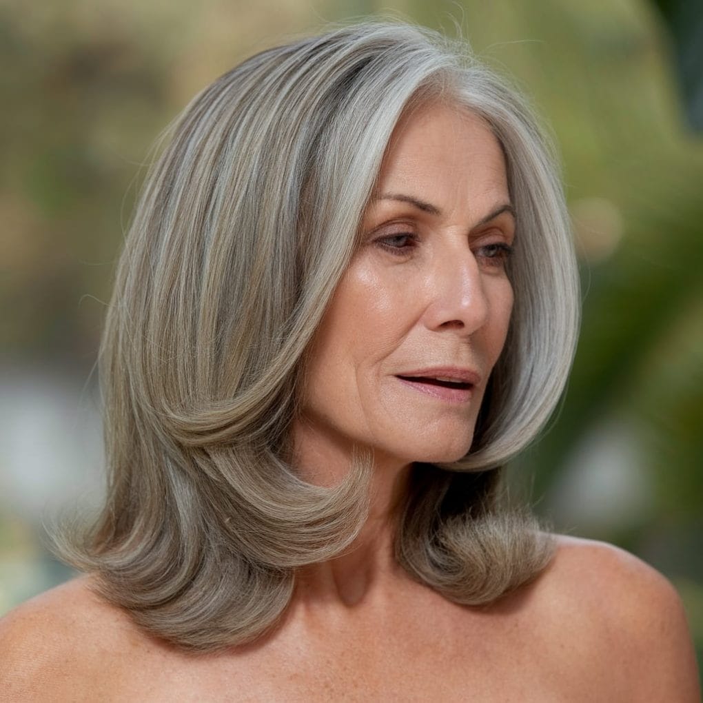 A woman with chic lob hairstyle featuring subtle waves, showcasing a graceful and elegant look suitable for older women with thin hair.