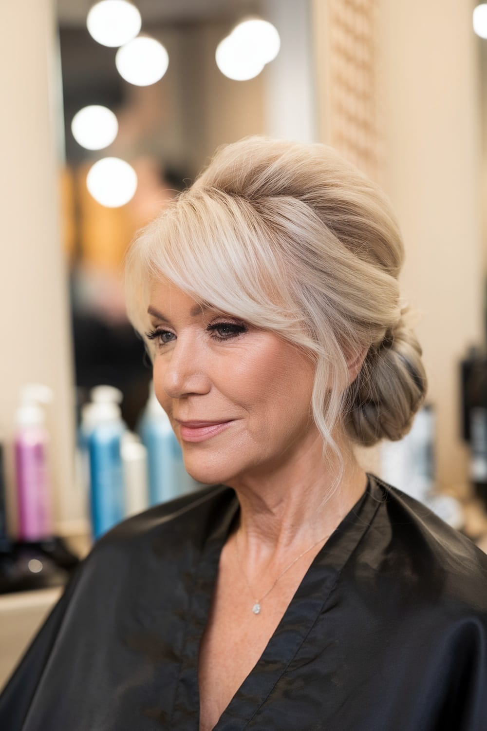 A woman with a chic low bun hairstyle and side swept bangs, looking elegant and poised.