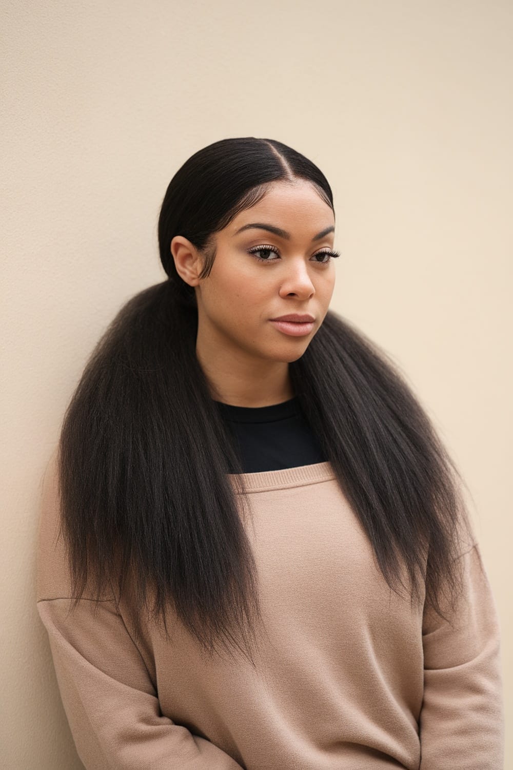 A woman with a low ponytail and half down textured hair, wearing a beige top, with a neutral background.