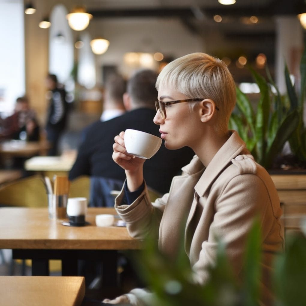 A woman with a chic pixie cut sipping coffee in a café.