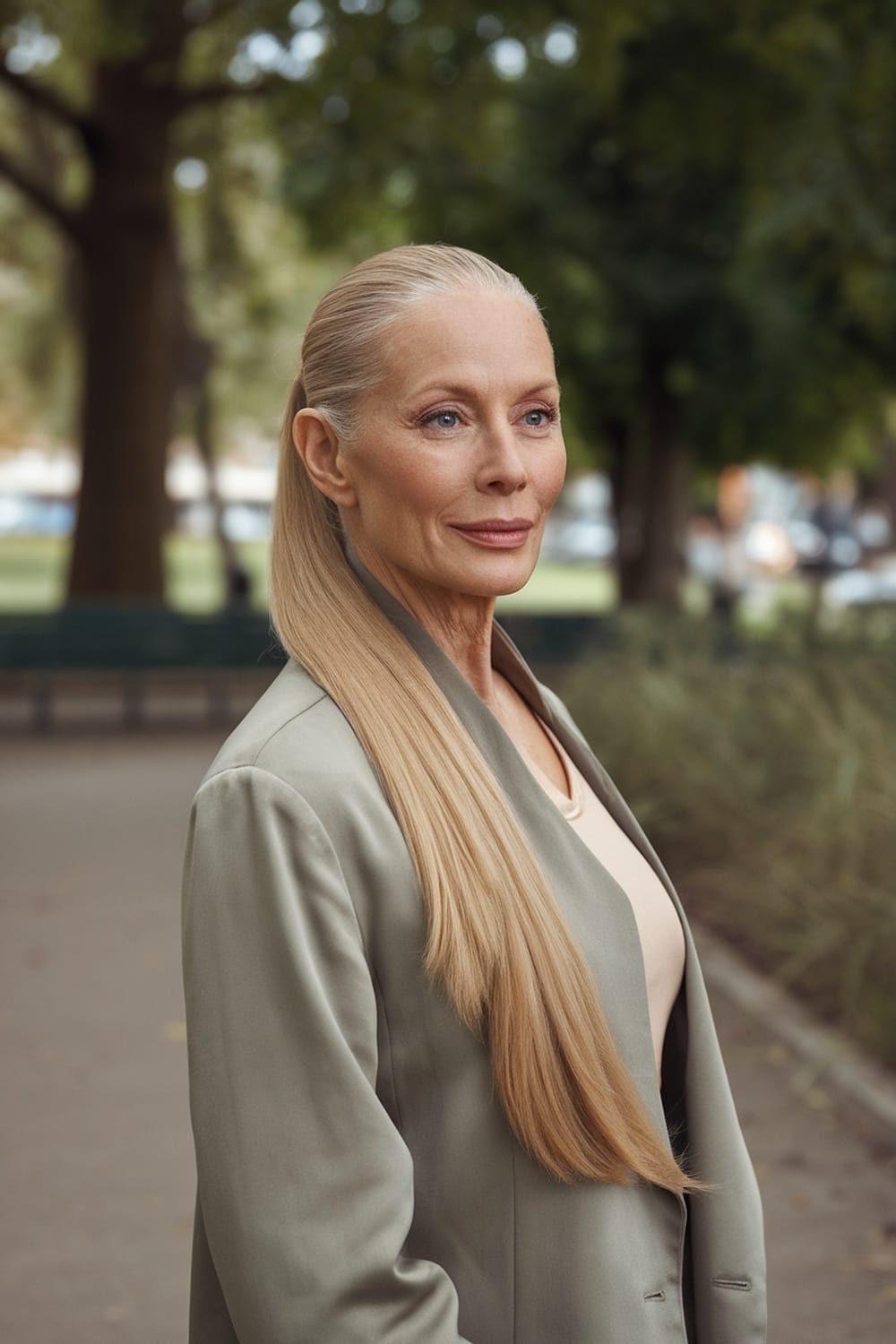 Elegant mature woman with long, sleek ponytail in a park setting