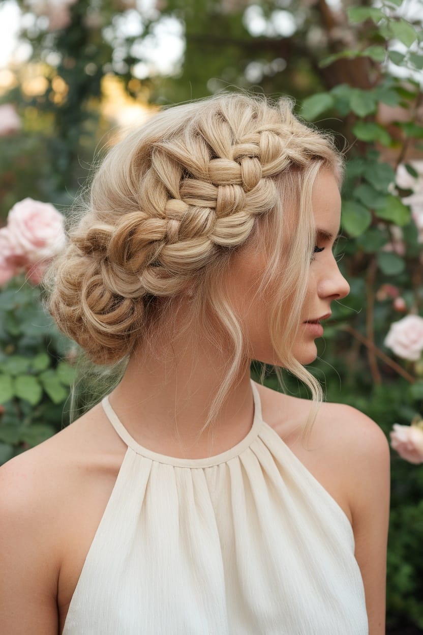 A woman with a chic braided updo hairstyle, wearing a halter neckline dress, surrounded by roses.
