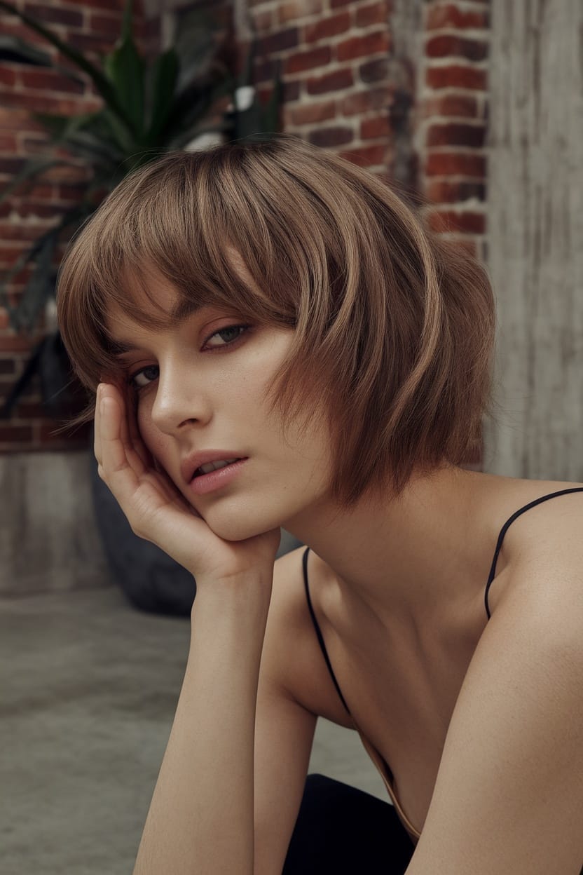 A woman with a chin-length textured bob hairstyle, looking thoughtfully at the camera.