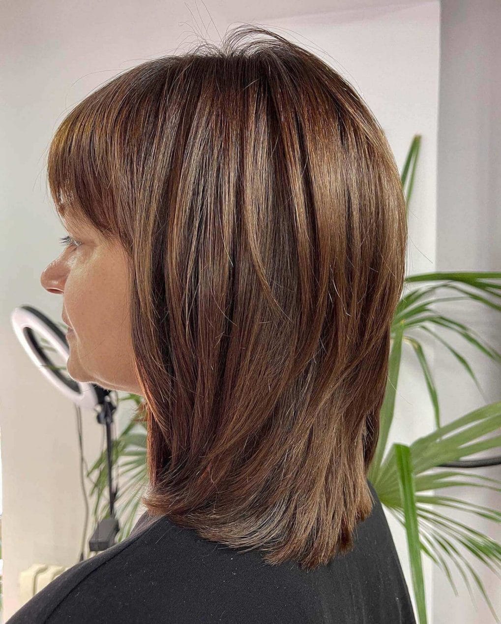 Chocolate brown, medium-length hair with subtle layers and light highlights.