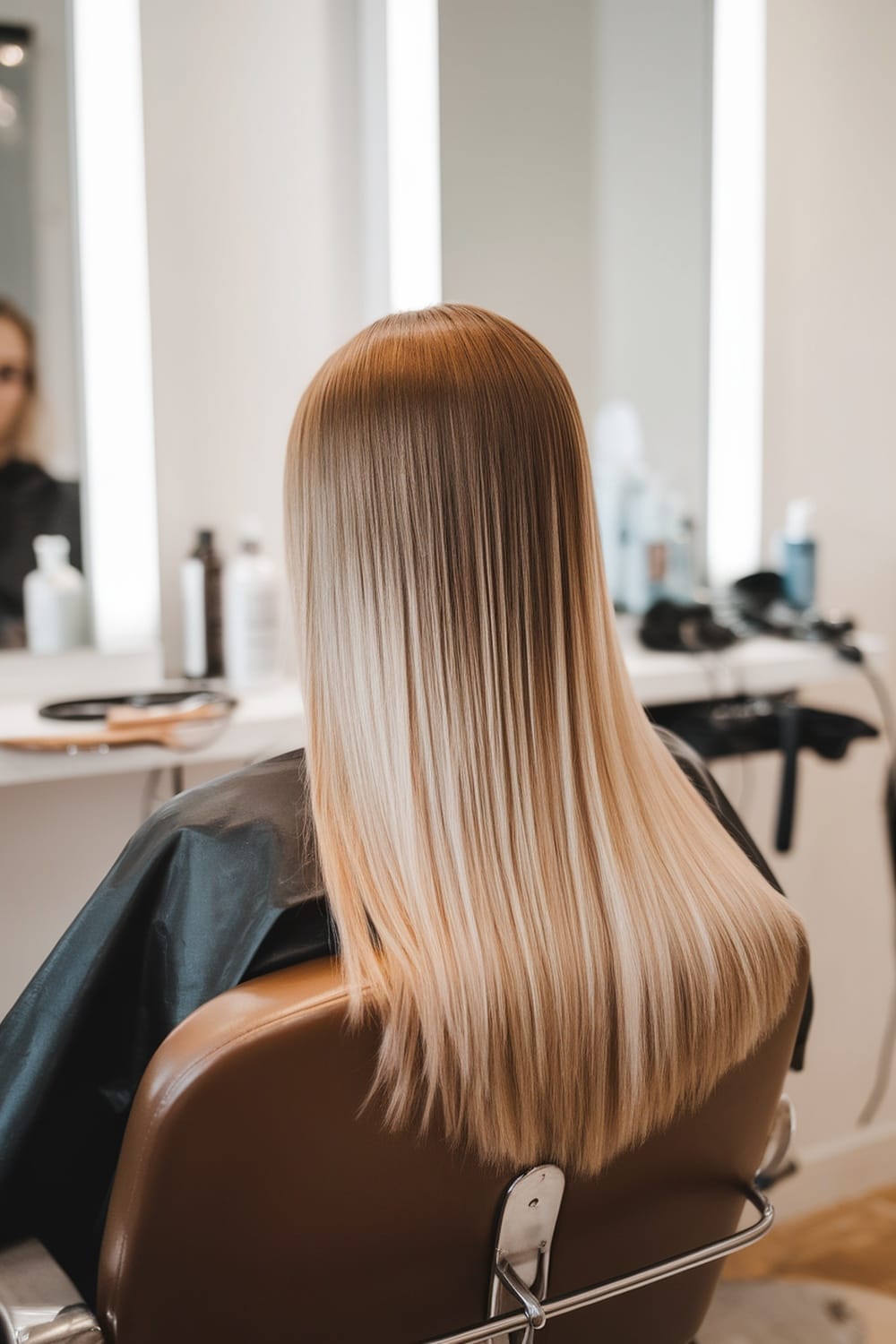 A woman with straight balayage hair sitting in a salon chair, looking at her reflection in the mirror.
