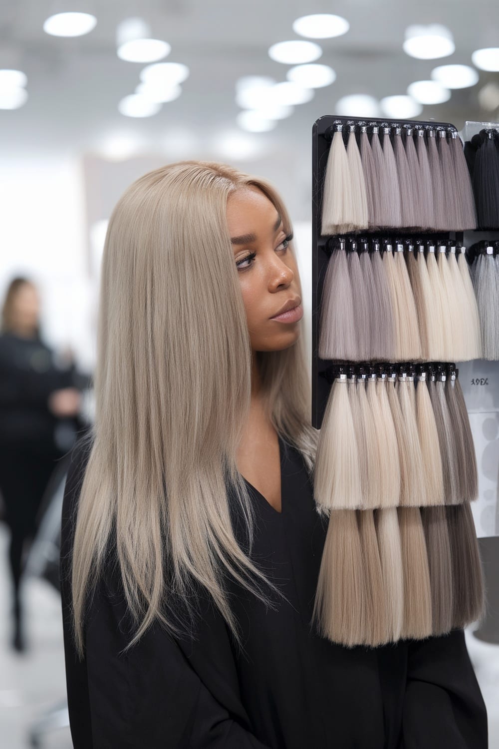 A woman with ash blonde hair looking at a display of hair color swatches in a salon.