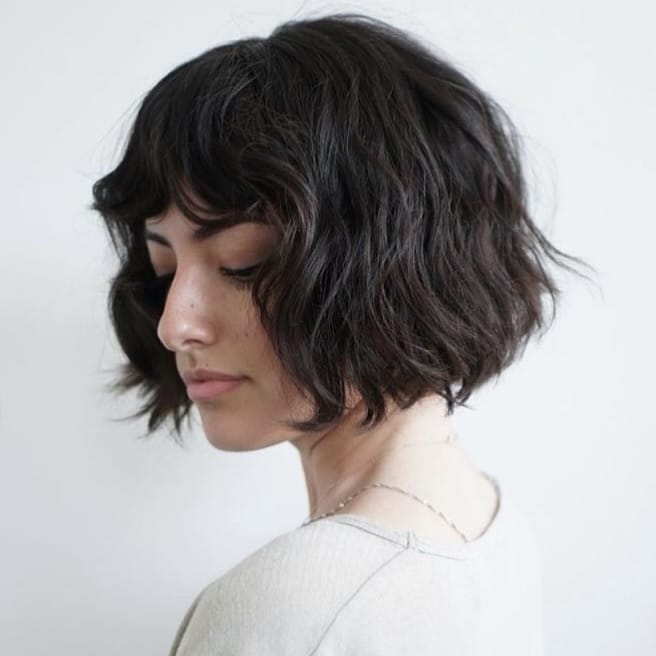 Textured, choppy French bob with messy finish