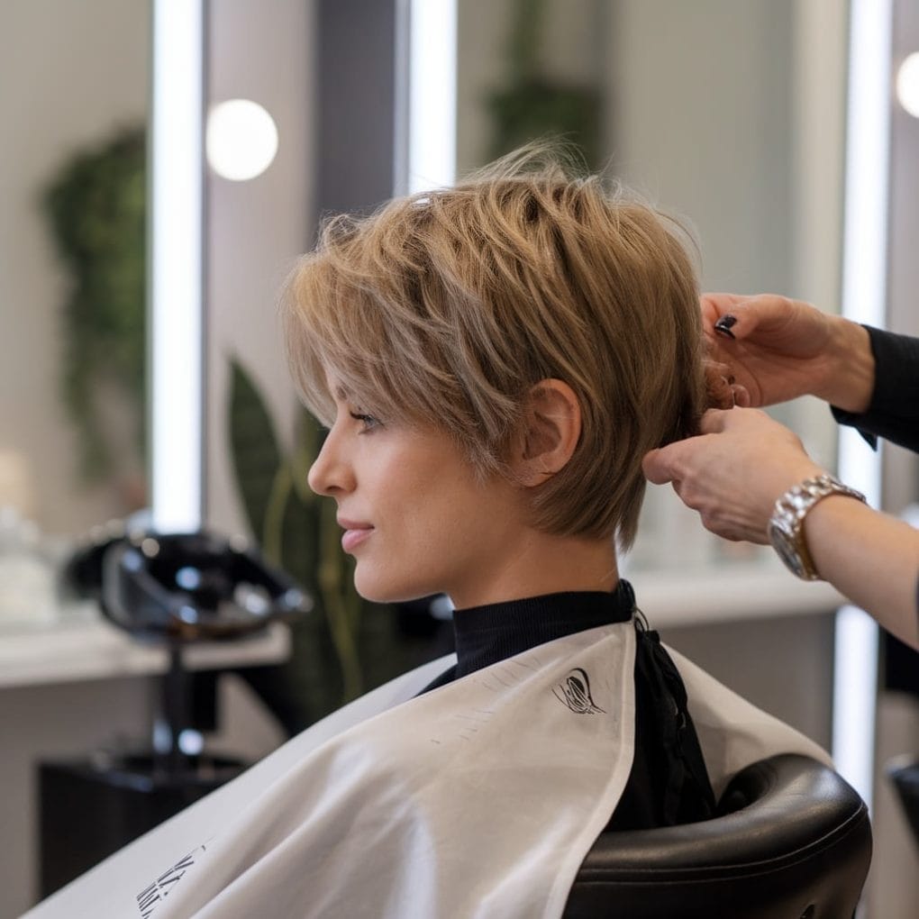 A woman getting a choppy boyish haircut in a salon.