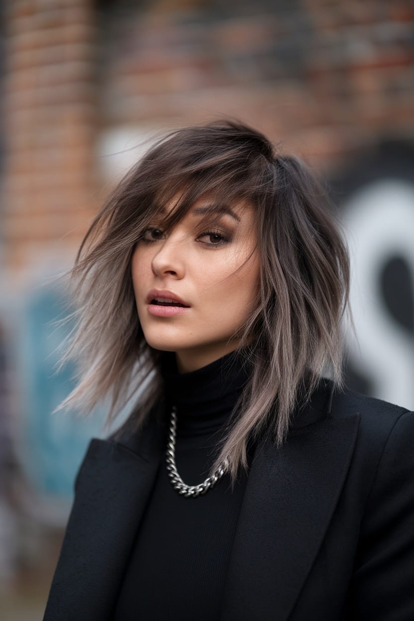 A woman with choppy layered hair, styled in a trendy and youthful manner, wearing a black outfit and silver necklace.
