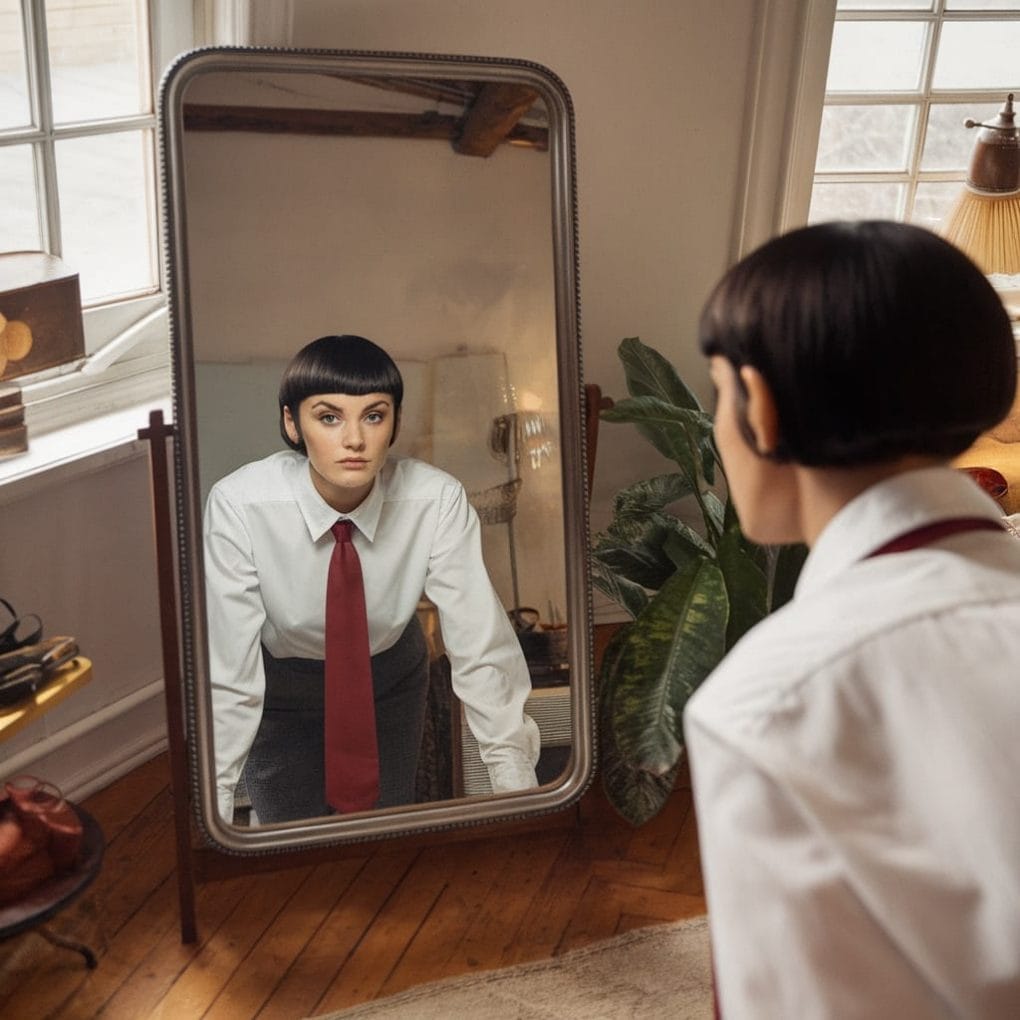 A woman with a boyish haircut looking in a mirror, dressed in a white shirt and a red tie.