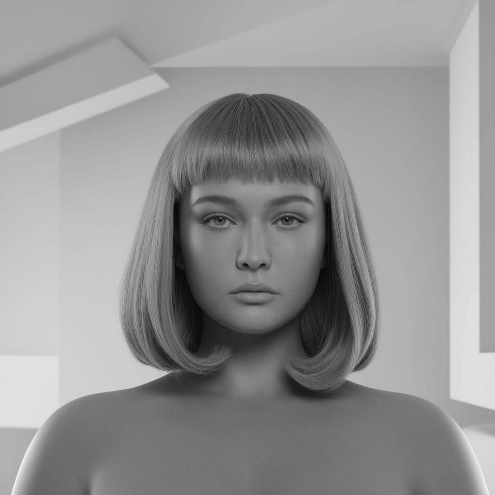 Model with a Classic Caesar Cut hairstyle, showcasing a smooth fringe and structured look, ideal for round faces.