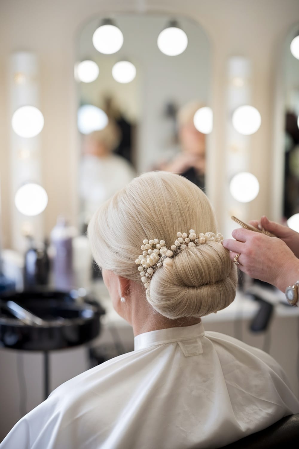 A woman with a classic chignon hairstyle adorned with pearl accessories, sitting in a salon.