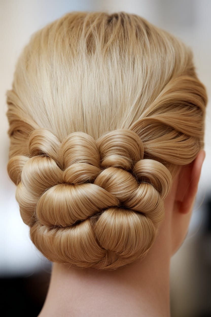 A close-up view of a classic French twist hairstyle, showcasing an elegant and polished look suitable for interviews.