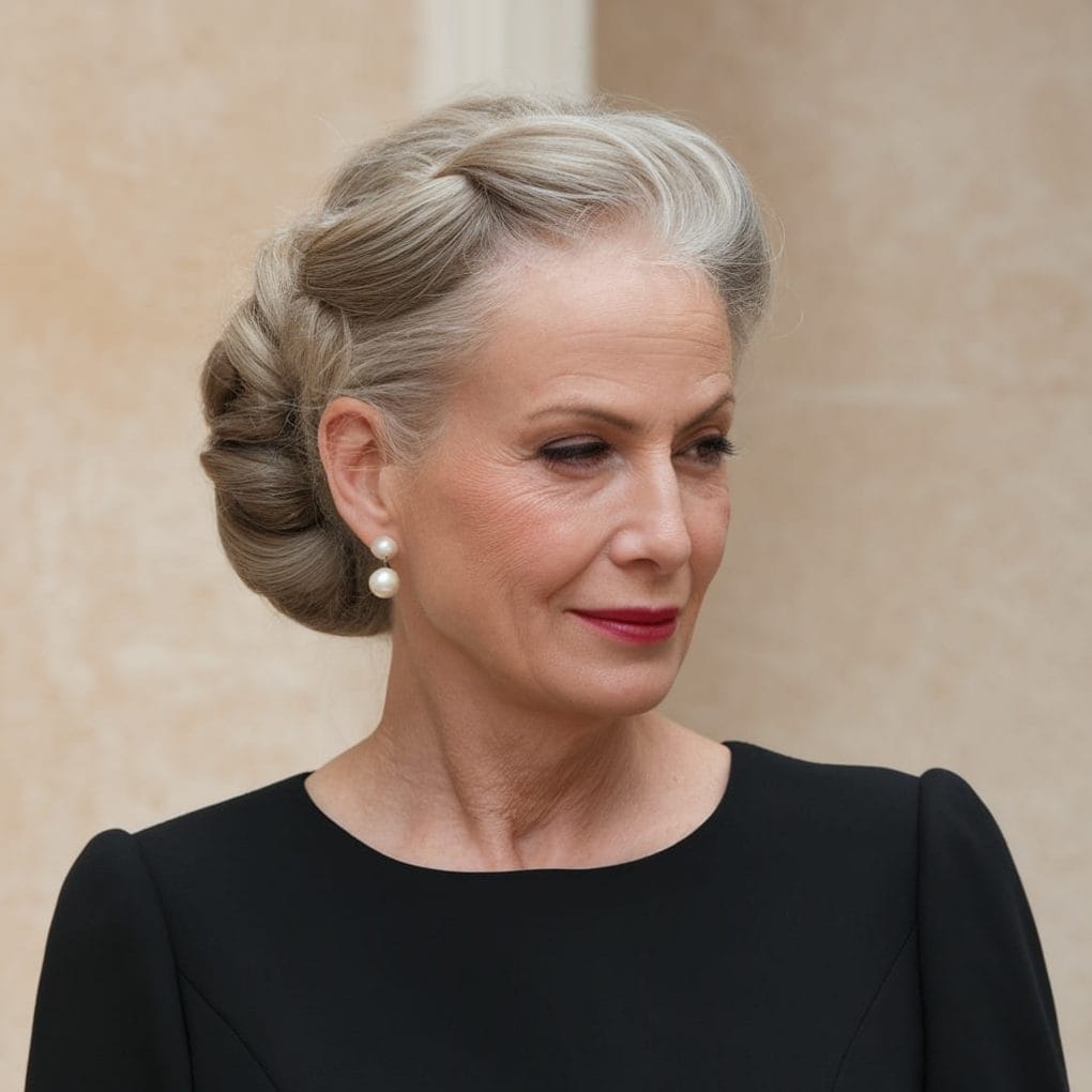 A woman with silver hair styled in a Classic French Twist, wearing pearl earrings and a black dress.